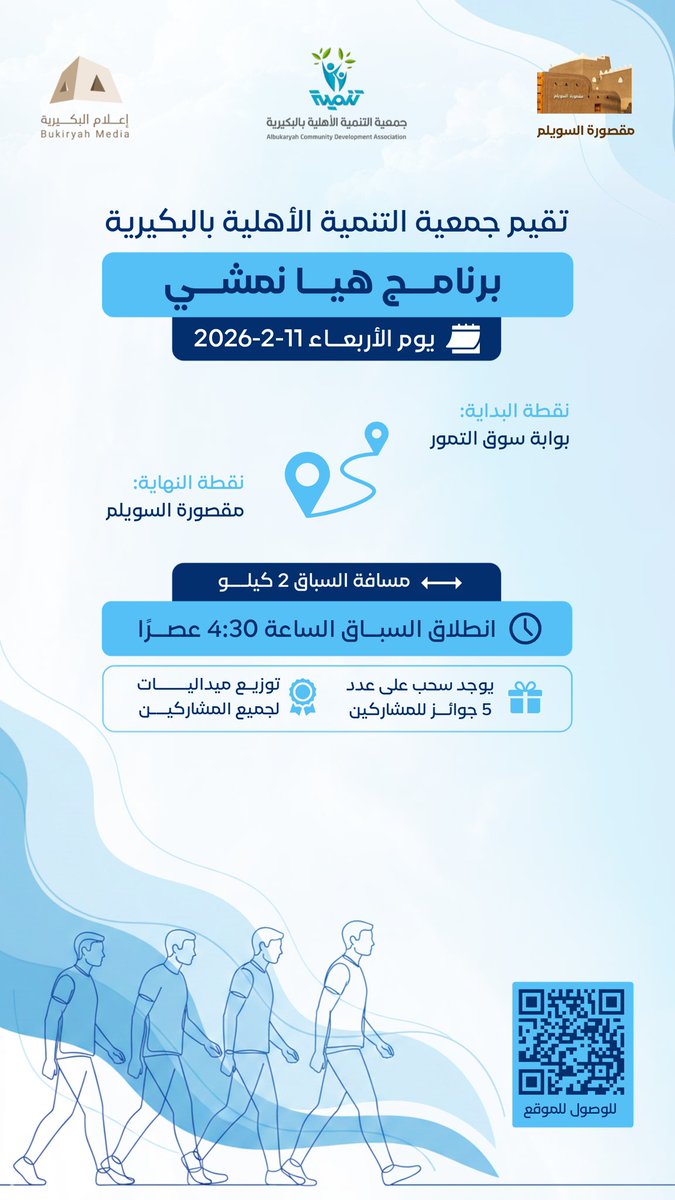 BLTA336's tweet photo. تقييم جمعية التنمية الأهلية بمحافظة #البكيرية، وبالتعاون مع #مقصورة_السويلم @MqswrtA
وجمعية إعلام البكيرية @Media_buk
مبادرة «هيا نمشي» تحت شعار: المشي حياة.

•سحوبات قيّمة بانتظار المشاركين 🎁
•ميداليات تُمنح لجميع المشاركين 🎖️ https://t.co/WvJTA6acos
