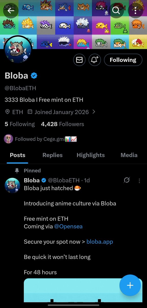 Alpha 🚨

@blobaEth is bringing creatures not meant for this world on mainnet 

Price: Free Mint
Chain: ETH mainnet
Platform: <a href="/opensea/">OpenSea</a>

Give them a follow and stay tuned for more info