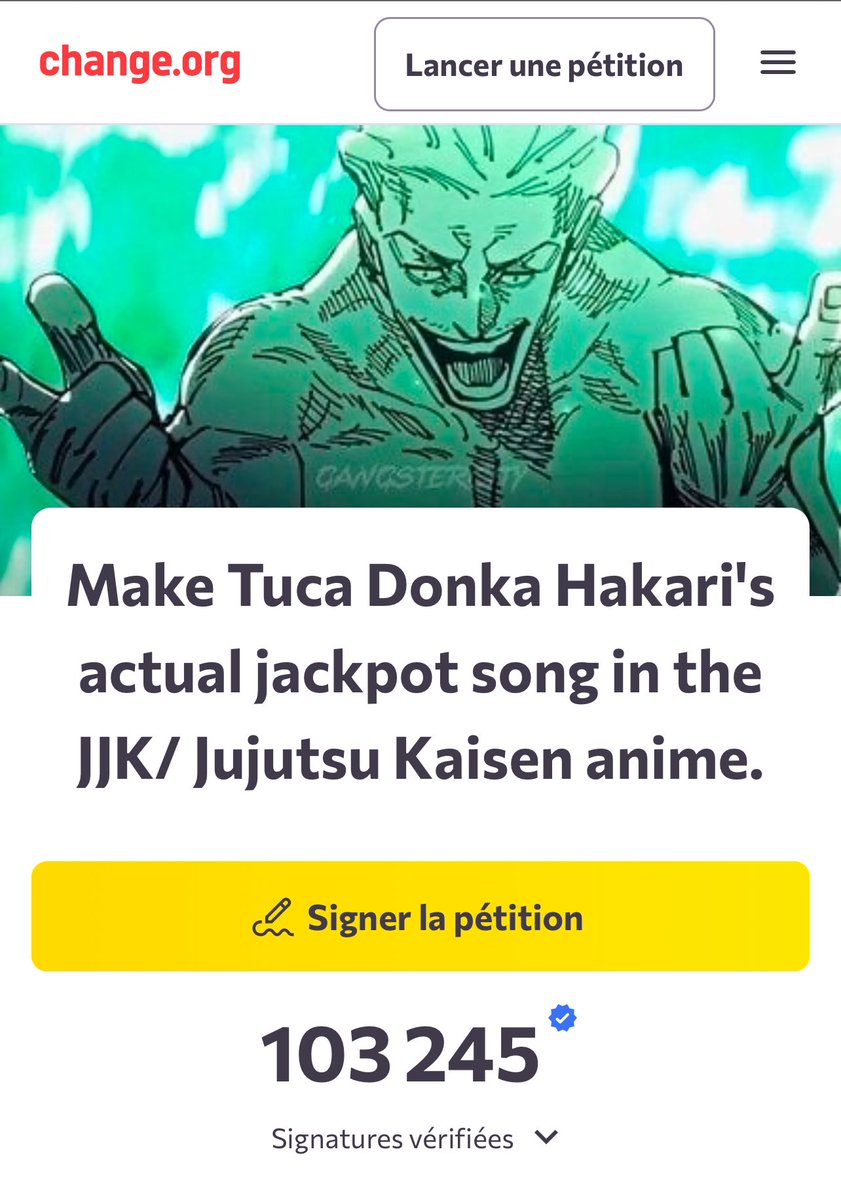 gaak_fr's tweet photo. 🤯 INSOLITE : La pétition de HAKARI (Jujutsu Kaisen) pour utiliser le thème « TUCA DONKA » pour le personnage a atteint les 103 245 signatures ! 🕺

Les fans continuent le pressing au studio MAPPA comme jamais 😂 https://t.co/puDfo0ip1c