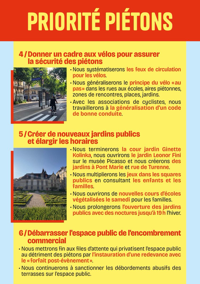 Pour le centre de Paris, la priorité d’<a href="/ArielWeilT/">Ariel Weil</a> : les piétons.

Un parvis piéton végétalisé devant chaque école, le renforcement des moyens de la police municipale, un cadre aux vélos, des nouveaux jardins avec des horaires élargis, et d'autres mesures ⤵️
