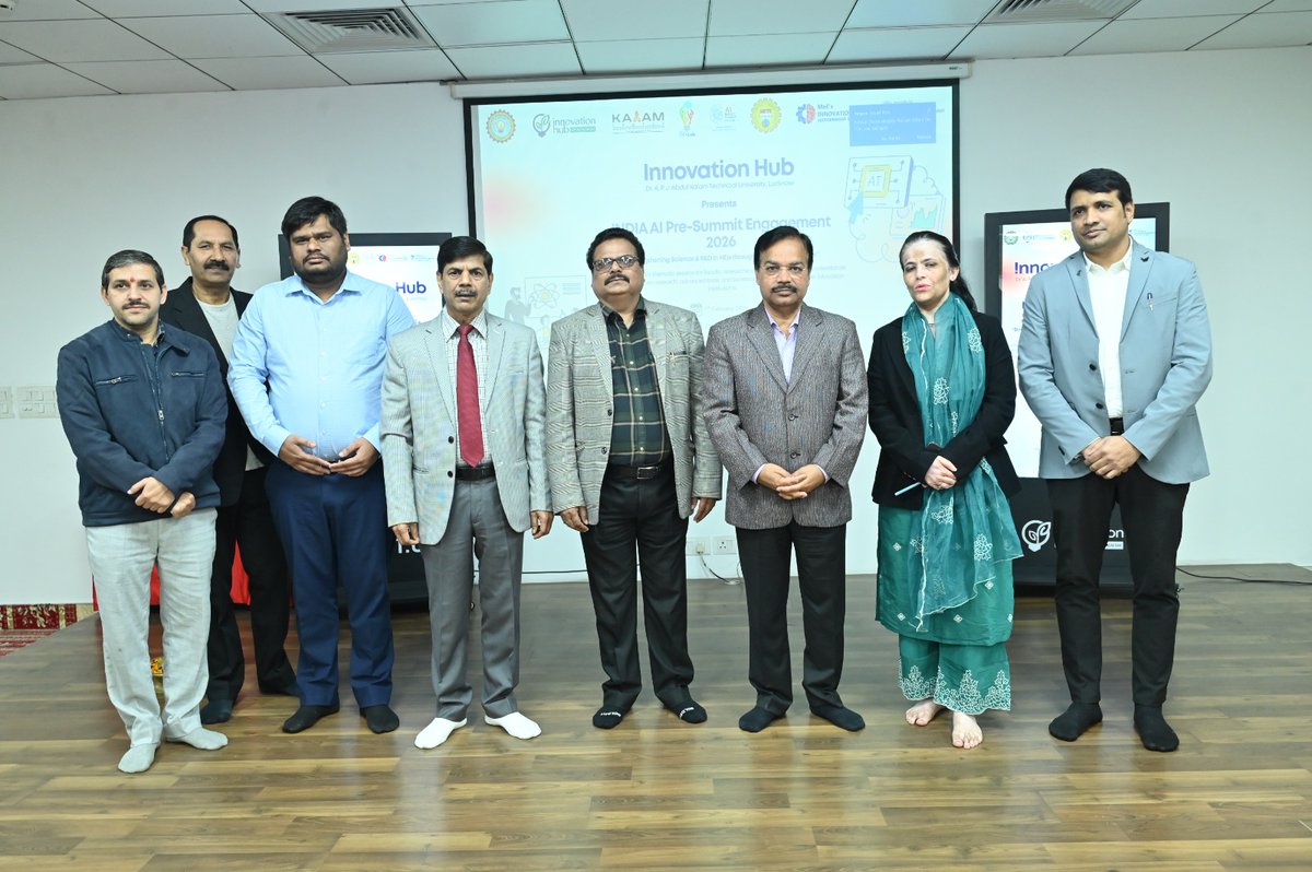 AICTE_INDIA's tweet photo. Innovation Hub, @AKTU_Lucknow successfully organized the IndiaAI #PreSummit Engagement Program in collaboration with #AICTE and the MoE's Innovation Cell, bringing together #Academia #Industry and #Startups to strengthen AI-led research and innovation.
#IndiaAIImpactSummit2026 https://t.co/tLKbMJd4Jt
