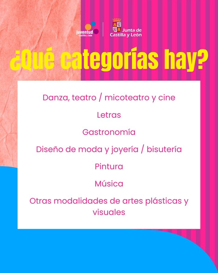 Continúa abierto el plazo para participar  el Certamen Arte Joven Castilla y León 2026 🎨🧑‍🎨

➡️7 categorías

📩 Plazo de inscripción hasta el 2 de marzo de 2026

ℹ️Más información y bases en tramitacastillayleon.jcyl.es/web/jcyl/Admin…

#ArteJovenCyL2026 #ArteJoven2026