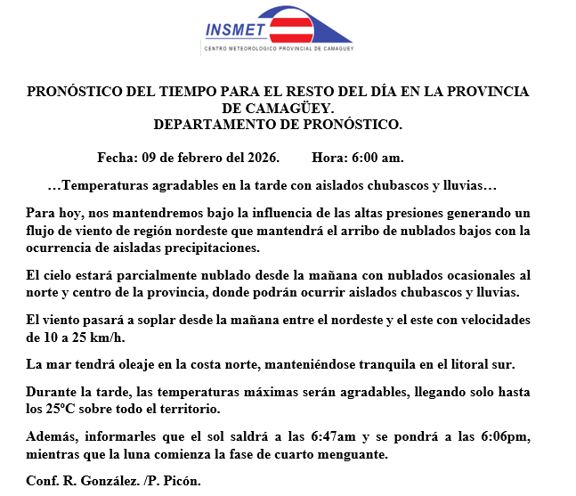 Pronostico del tiempo para el resto del día de hoy en la provincia de Camagüey.