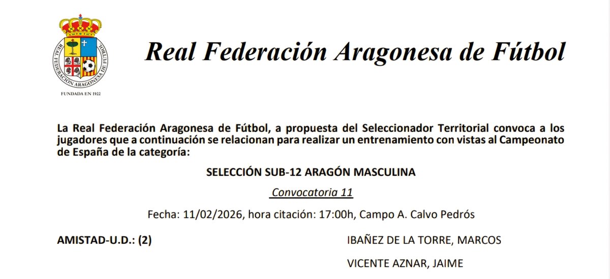 👏 Enhorabuena a Marcos y Jaime por la convocatoria de este miércoles con la Selección Aragonesa Sub 12.

#VamosAmistad #CanteraDeAragón #TodoAlRojo
