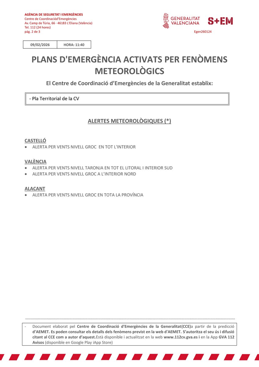 GVA112's tweet photo. ⚠️El Centro Coordinación de Emergencias emite un boletín de fenómenos adversos y establece:

🍃Alerta por vientos:
🟠Nivel naranja en el litoral e interior sur de Valencia
🟡Nivel amarillo en el interior de Castellón, interior norte de Valencia y toda la provincia de Alicante https://t.co/BE6BIzwu3n