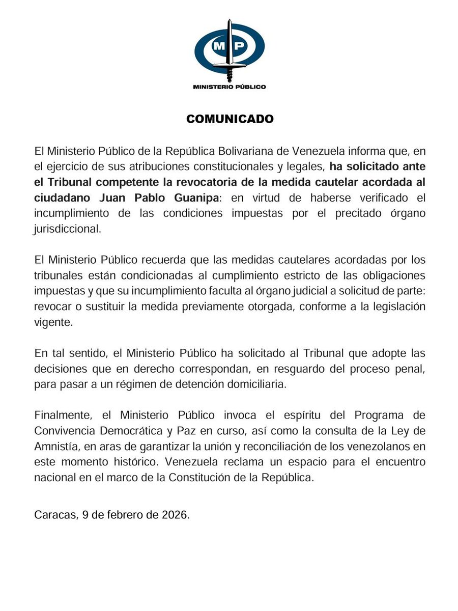 Ministerio Público revoca las medidas cautelares al dirigente de la extrema derecha, Juan Pablo Guanipa.