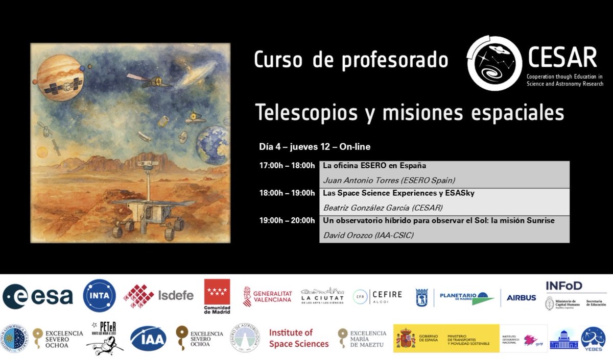 📚Ya está disponible la agenda completa del curso CESAR para docentes, que se celebrará del 9 al 12 de febrero. Serán 4 días de formación dedicados a telescopios y misiones espaciales.🚀