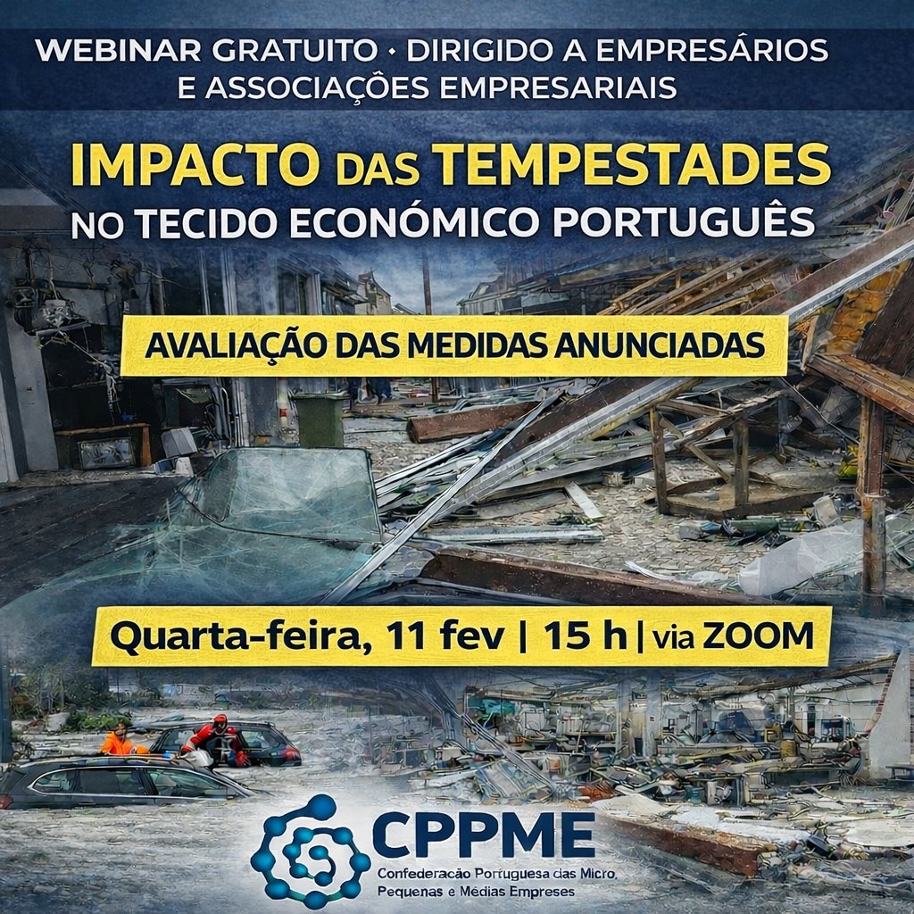 CPPME: Webinar Impacto das Tempestades no Tecido Económico Português
A sua opinião conta. Participe. Quarta-feira, 11 de fevereiro, às 15 horas. us06web.zoom.us/j/84759630703?…