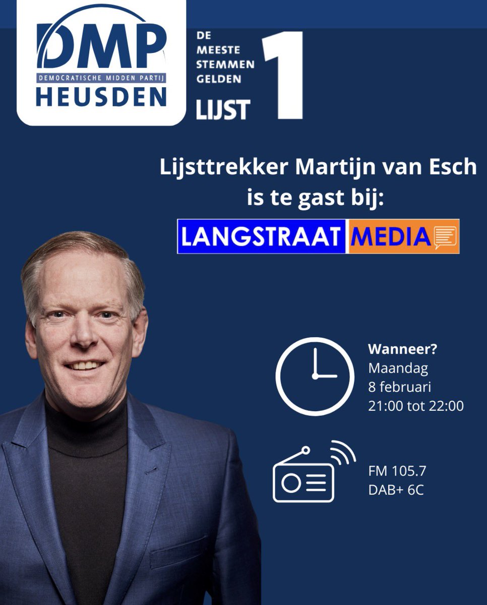 💙 Vanavond schuift onze lijsttrekker, Martijn van Esch, aan bij de radio-uitzending van Langstraat Kiest. Wil je meer weten over DMP luister dan tussen 21.00 en 22.00 uur.