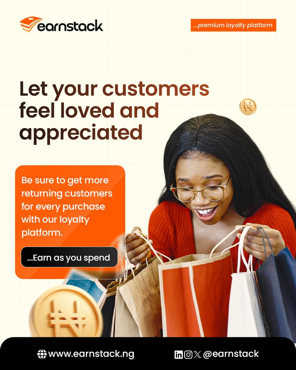 earnstack's tweet photo. We’re building the future of customer loyalty in Africa 🇳🇬
Earnstack helps Nigerian businesses grow faster with simple cashback programs no apps, no complicated systems, no stress. Loyalty that actually works. Visit https://t.co/OatpeGx5d7
#Earnstack #CustomerLoyalty  #Cashback https://t.co/FFE7zJ0O2b