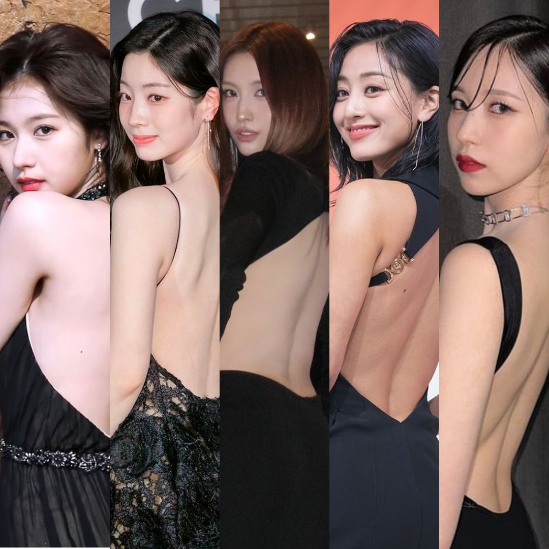 _cazyo0930's tweet image. I added Sana. Sorry, I thought Sana didn't have a backless black dress. The one I saw earlier was the one in the violet dress.

SaiDaMoMiHyo in backless black dress. 🔥🔥🔥
SANA         DAHYUN        MOMO      JIHYO       MINA