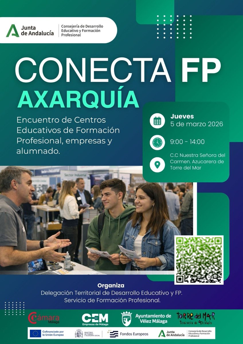 📅 Conecta FP Axarquía 2026
Fecha: 5 de marzo de 2026
Lugar: Antigua Azucarera, Torre del Mar.
Horario: * 09:00–11:00 h: Sesión inaugural y encuentros
Pausa Café
11:30 – 14:00 h: Visita a los stands de los centros de FP.
👉 Inscripción: forms.gle/JwrnaP3rEgyjRA…

#FPDual #Axarquia