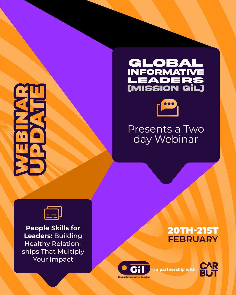 carbutng's tweet image. Your potential is calling, are you ready to show up?

Boost your leadership skills, and learn how to influence, collaborate, and lead like a boss. 

Join MissionGIL’s webinar on 20th &amp;amp; 21st Feb 2026
Registration details coming soon.
#Carbut #SelfImprovement #SkillDev #Leadership