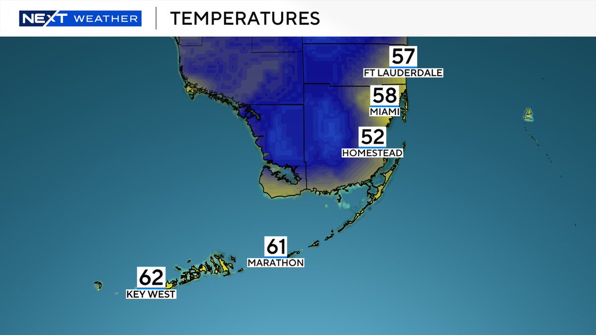 LissetteCBS4's tweet image. Cool start this MONDAY morning with upper 50s along the coast and low 50s inland for #Broward and #MiamiDade  Low 60s across the #Keys Highs climb to the low 70s this afternoon. @CBSMiami