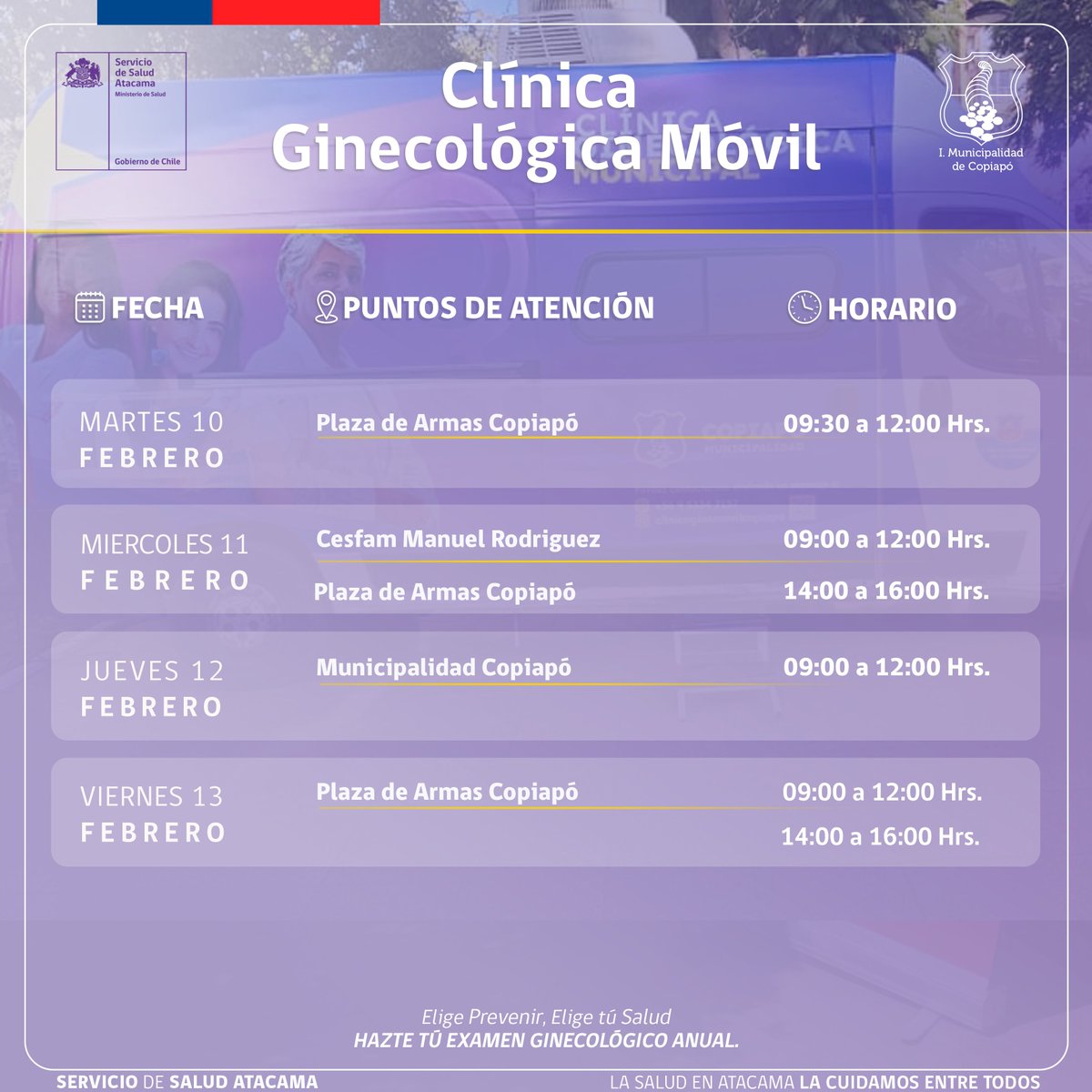 🩷Hazte el PAP

Te compartimos puntos de la Clínica Ginecológica móvil de Salud Municipal #Copiapó para esta semana.

Prográmate y realiza tu control ginecológico anual.