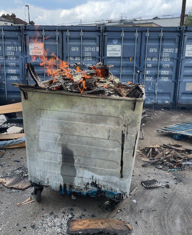 I took this photo of an actual bin fire thinking it might be useful one day. I had full permission of the landowner, the only proviso being: "don't tell the council".