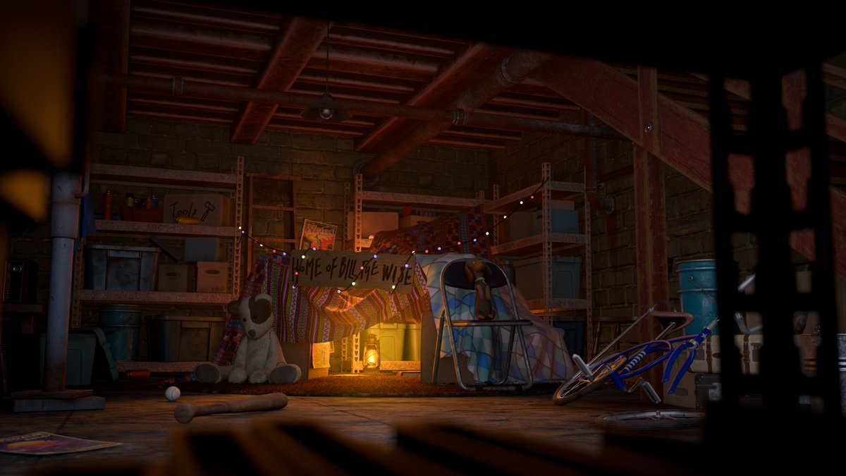 tomatokirai_77's tweet image. デジハリの3か月課題で地下室の秘密基地を作りました！
棚越しのアングルでひっそり感を出した所が工夫点です。秘密基地の布の質感に違和感がある所と全体的に奥行きが感じられない所が上手くいきませんでした。上達したいのでアドバイスいただけると幸いです！
#CG #Maya #3DCG #デジハリ #CG添削希望