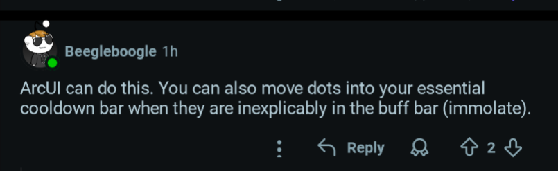 Good example of why Blizzard's arbitrary distinctions of what goes in which of the only 3 groups are stupid.
Like yes, this person is wrong, DoTs absolutely should be with your buffs, but they should be ALLOWED to have their UI set up wrong if that's what works for them.