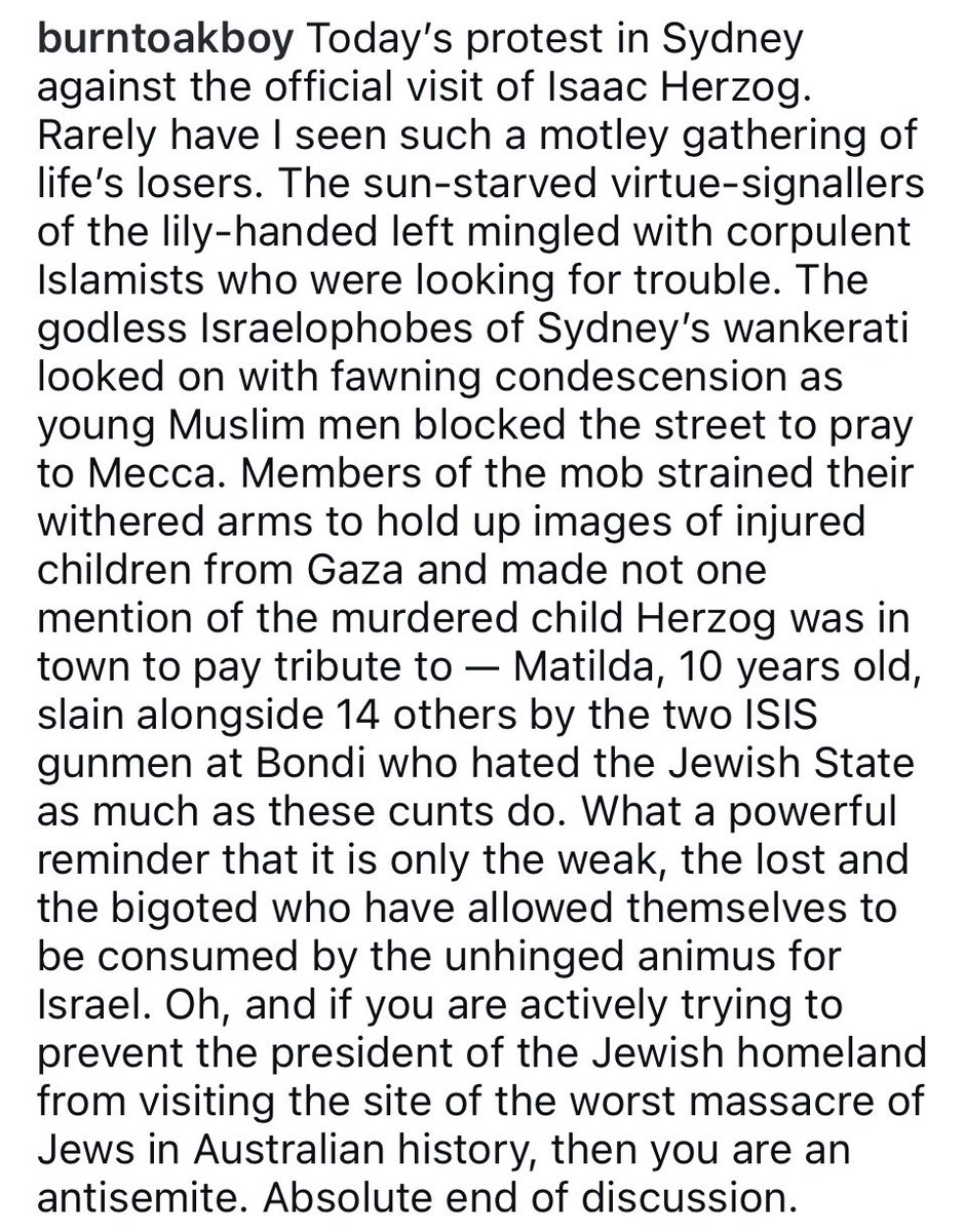 Brendan O’Neill absolutely nails it on the protests in Sydney today.

“If you are actively trying to prevent the president of the Jewish homeland from visiting the site of the worst massacre of Jews in Australian history then you are…”

🎯🎯🎯