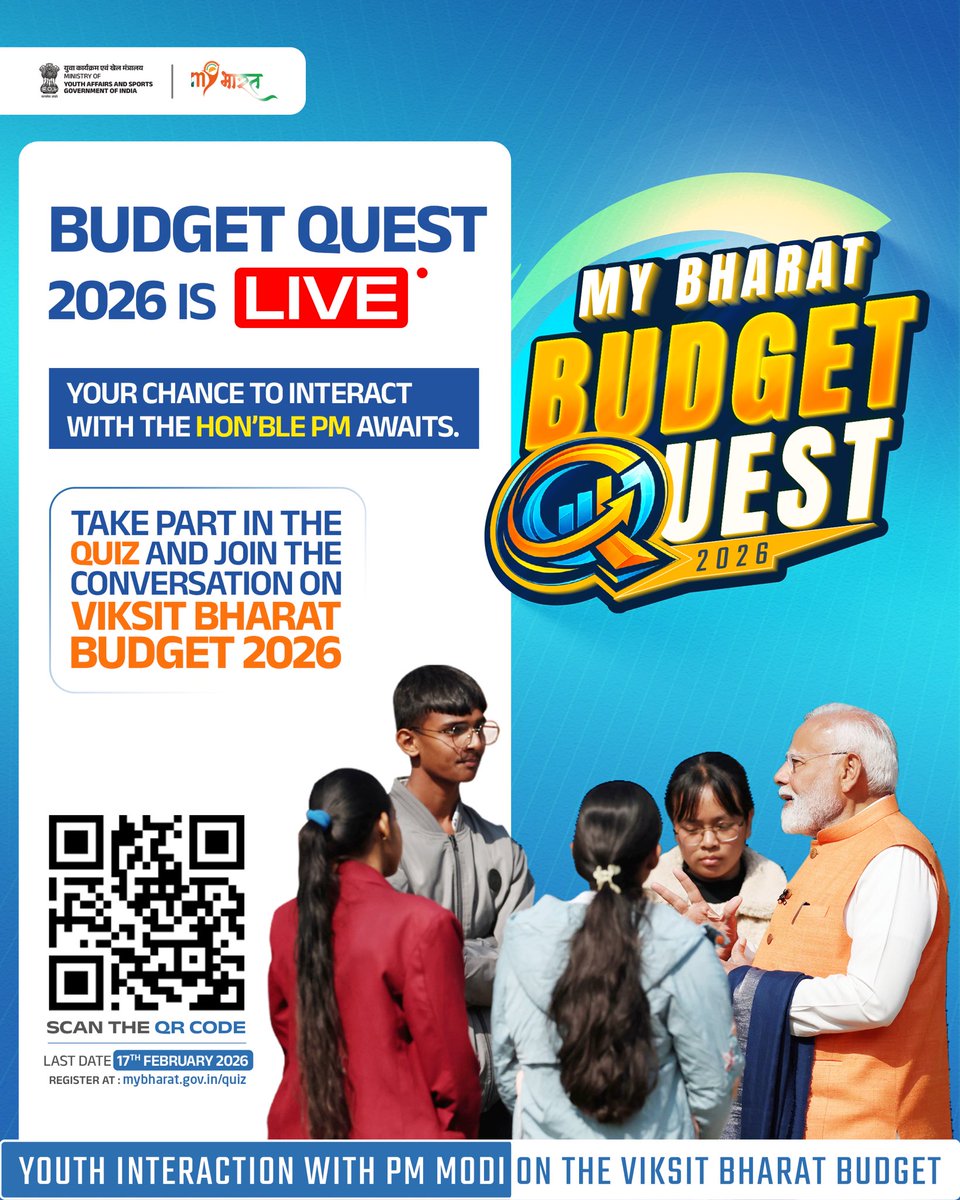 Be a part of #MyBharat #BudgetQuest2026 and get a chance to interact with Hon’ble Prime Minister Shri Narendra Modi himself.

Because the budget of #ViksitBharat should have the voice of its youth.

📲 Scan the QR &amp; participate
⏰ Last date: 17 February 2026

<a href="/ssssoindia/">Sri Sathya Sai Seva Organisations, India</a>