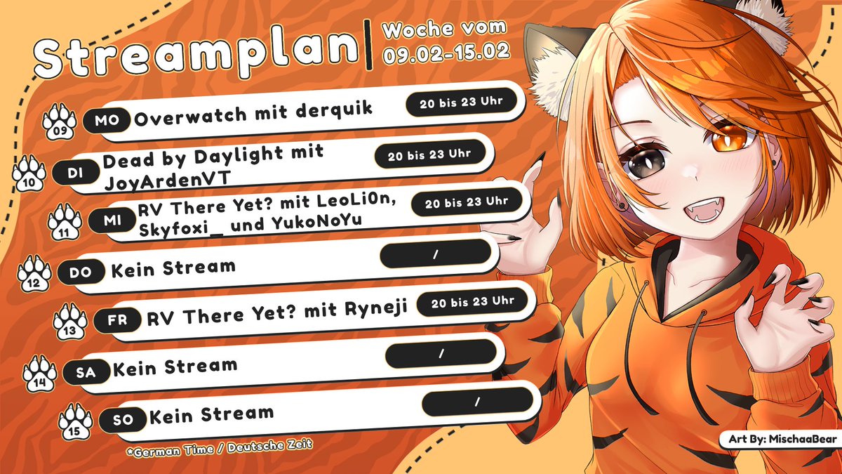 So mein Streamplan ist wieder fertig und es ist seit langem mal wieder eine reine Collab Woche aber die Collabs werden einfach genial also freut euch auf <a href="/DerQuik/">Quik| GerVtuber| Dokomi 2026</a> <a href="/JoyArdenVT/">Joy 🧡</a> <a href="/L30Li0n/">Le0Lion</a> <a href="/skyfoxi_/">skyfoxi_Vtuber</a> <a href="/YukoNoYu_VT/">YukoNoYu</a>  und <a href="/rynejivt/">RYNEJI 🐆 JAGUAR VTUBER 🪷 Debüt 25</a> es wird ultra lustig werden also kommt gerne rein🐯