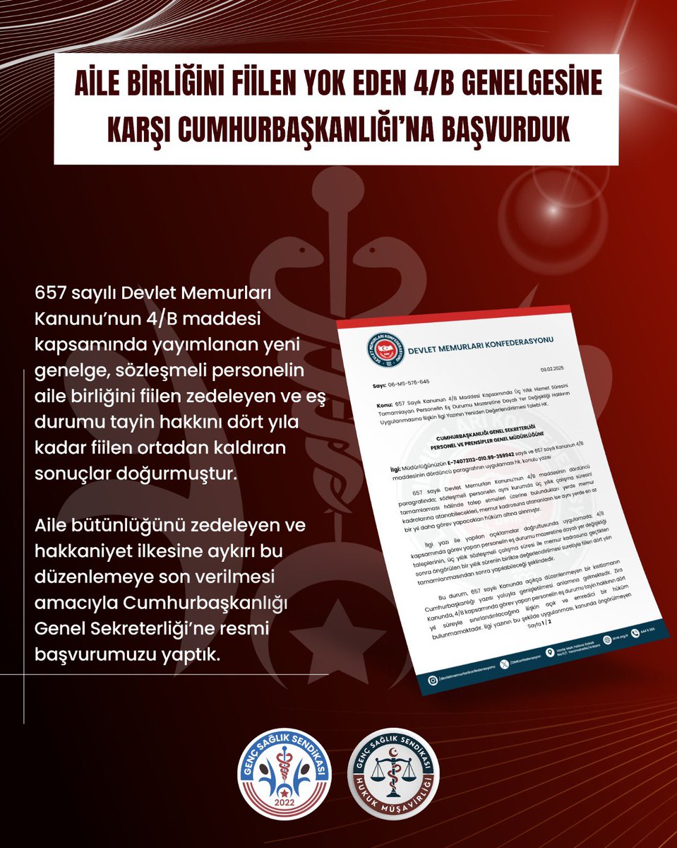AİLE BİRLİĞİNİ FİİLEN YOK EDEN 4/B GENELGESİNE KARŞI CUMHURBAŞKANLIĞI GENEL SEKRETERLİĞİ
PERSONEL VE PRENSİPLER GENEL MÜDÜRLÜĞÜNE BAŞVURU YAPTIK.

657 sayılı Devlet Memurları Kanunu’nun 4/B maddesi kapsamında yayımlanan yeni genelge, sözleşmeli personelin aile birliğini fiilen