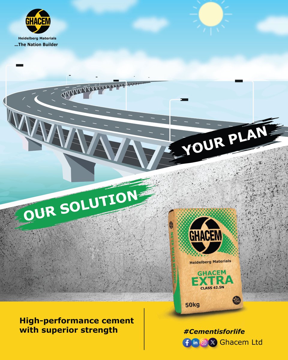 Ghacem_ltd's tweet image. When the job demands serious strength, you don’t take chances.
Built  to handle heavy structural loads and extreme pressure, GHACEM EXTRA  delivers high-performance strength you can trust, for structures that  must stand strong for generations. 
#GHACEMExtra #BuiltForStrength
