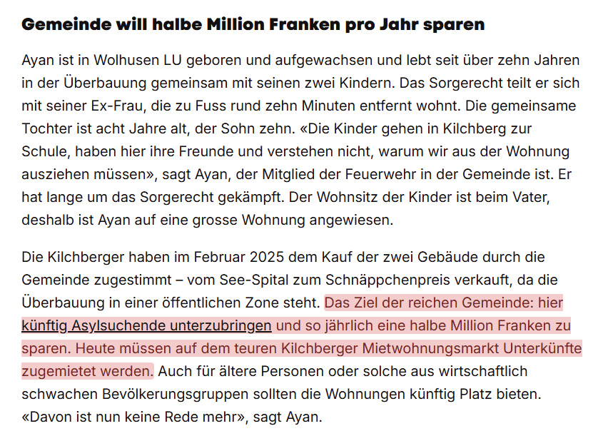 Wenn Euch wieder mal so ein Schwätzer weismachen will, es würde niemandem was weggenommen, wenn die Schweiz Asylanten aufnimmt: 

Gemeinde Kilchberg ZH kauft Überbauung um Asylanten unterzubringen und schmeisst einheimische Mieter raus! 😡