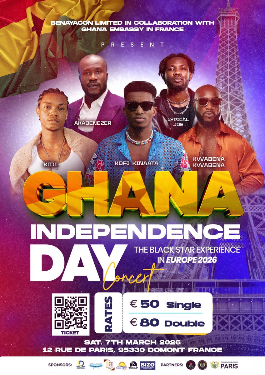 A Black Star rising in Paris! 🌟🇬🇭 Lyrical Joe x Ghana Independence Day – The Black Star Experience  Powered by Benayacon Limited &amp; Ghana Embassy France.
 🗓️7th March 2026 |m
📍 12 Rue de Paris, 95330 Domont, France
 🎫 Tickets €50 (Single) / €80 (Double)  QR code in