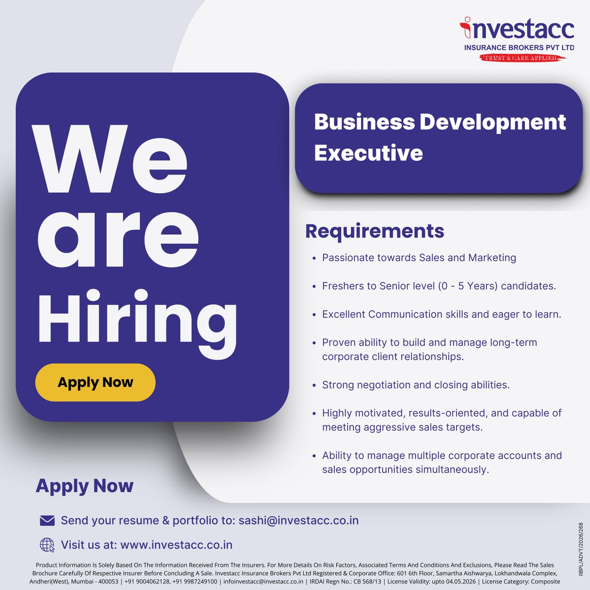 InvestaccINC's tweet photo. 🚀 We’re Hiring | Business Development Executive

Role: Business Development Executive
📍 Location: Lokhandwala, Andheri West (On-site)
🕒 Experience: 0–5 years in Sales
📩 Apply now: Send your resume to sashi@investacc.co.in

🌐 Know more: https://t.co/aSqI6aD3AJ https://t.co/HhBprUt1Cf