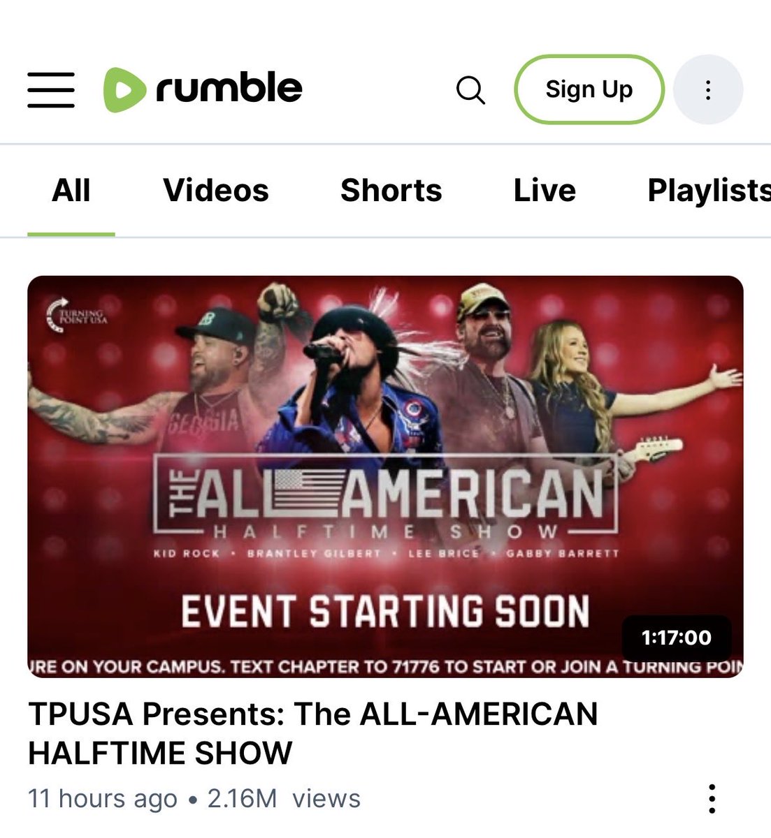 Over 27 million views &amp; counting - the #AllAmericanHalftimeShow by ⁦<a href="/TPUSA/">Turning Point USA</a>⁩ on social media, which does not include Cable TV: ⁦<a href="/TBN/">TBN</a>⁩ where we &amp; several parties watched as well other cable networks. Next year maybe George Strait 🤠?
⁦<a href="/FoxNews/">Fox News</a>⁩ ⁦<a href="/DailyMail/">Daily Mail</a>⁩