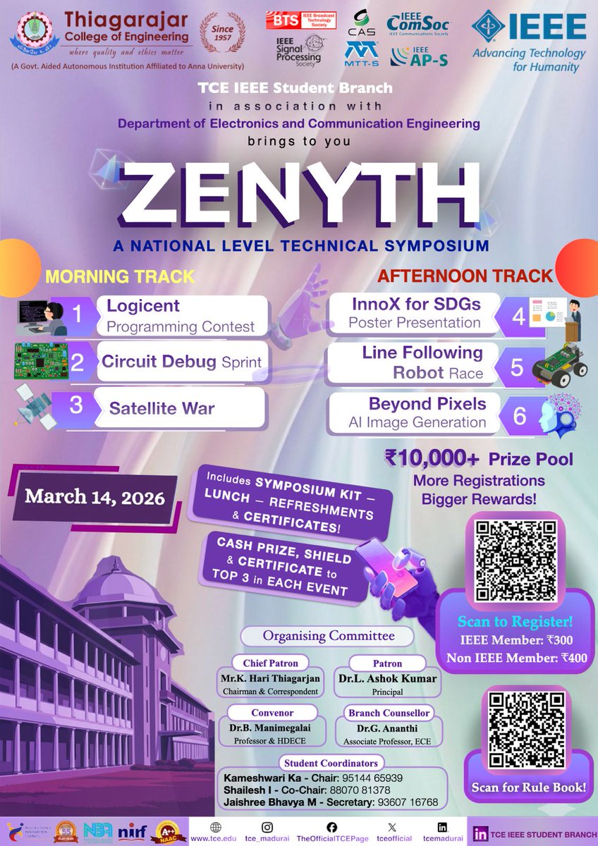 tceofficialpage's tweet photo. 🚀 ZENYTH 2026 | National Level Technical Symposium
Organised by TCE IEEE SB & Dept. of ECE, TCE.
📅 Mar 14, 2026 | Coding, Robotics, AI & SDG events
🏆 ₹10,000+ prizes | 🎁 Kit, lunch & certificates
💸 ₹300 (IEEE) | ₹400 (Non-IEEE)
#ZENYTH2026 #TCEIEEE #TechSymposium #ECE https://t.co/prA4Ou7Ux9