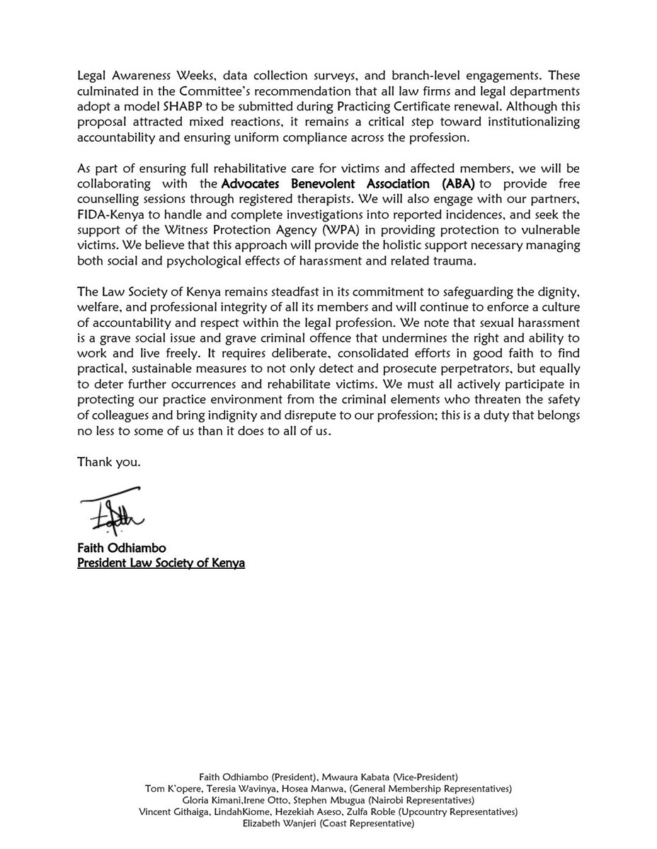 As a member of <a href="/fidakenya/">FIDA-Kenya</a> and defender of women's rights and workplace safety, I join colleagues in condemning the wanton sexual harassment that has been leveled against young professionals, male and female alike. It is regrettable that the profession tasked with upholding the