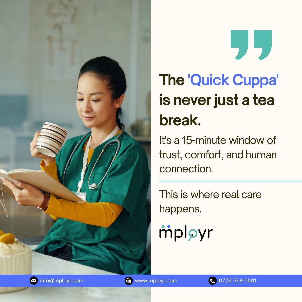 mployr_'s tweet photo. Recognising the profound meaning in simple moments. To the dedicated carers who build trust one cuppa at a time.

#HomeCare #UKCare #DomiciliaryCare #CarerLife #Mployr https://t.co/bxzrjLVK0i