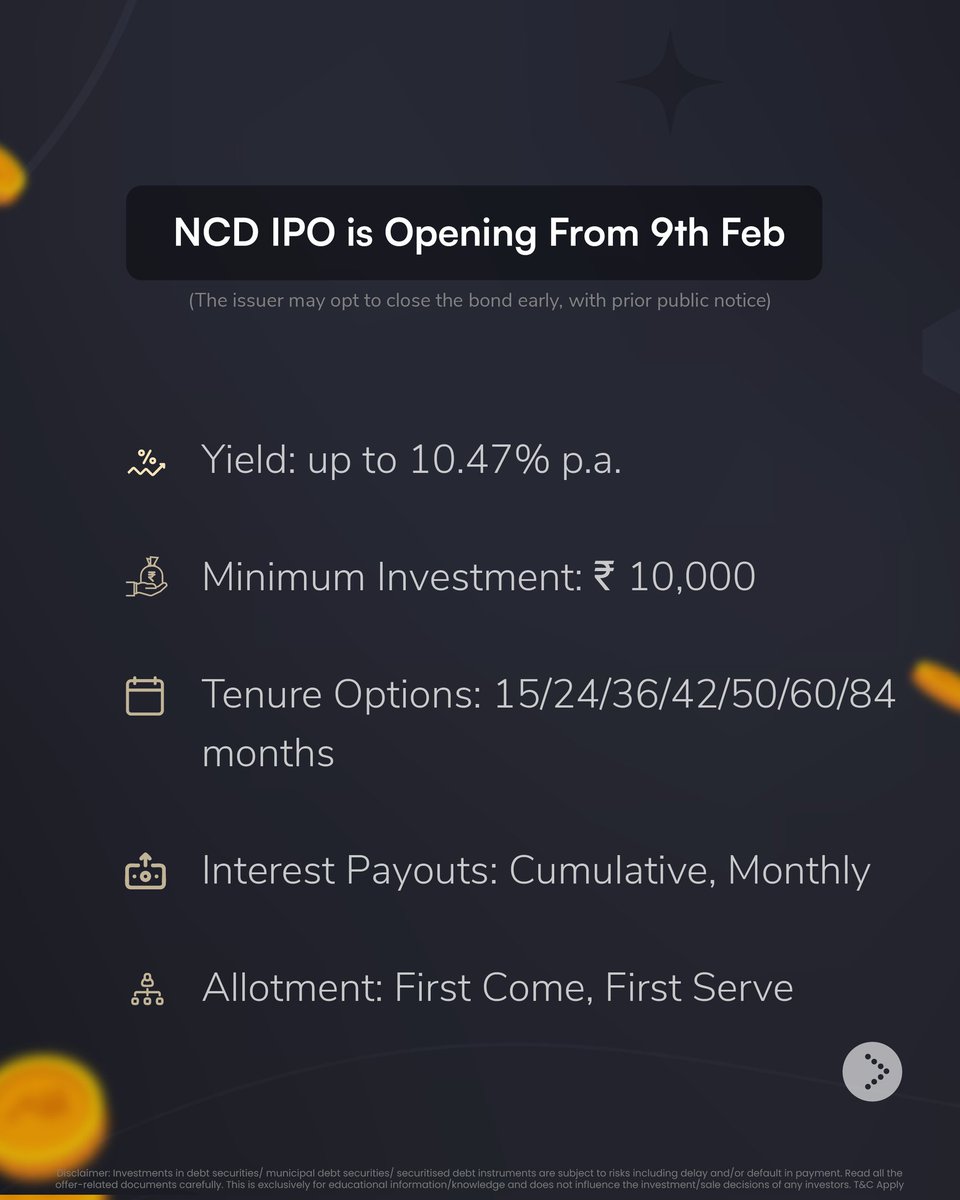 GoldenPiTech's tweet photo. Kosamattam Finance Limited NCD IPO is here.
✔️ Up to 10.47% p.a. returns
✔️ Rated A/STABLE IND
✔️ Minimum investment: ₹10,000
✔️ Allotment: First Come, First Serve
#ncdipo #fixedreturns #investmentopportunity #earn #kosamattamfinance https://t.co/hu8D0wxwId
