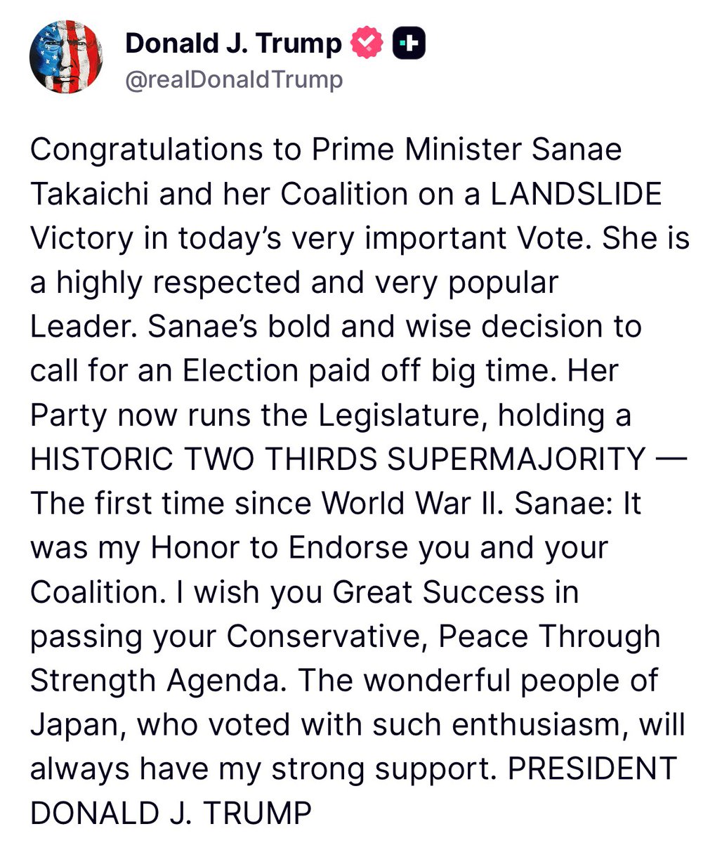 Thank you, <a href="/realDonaldTrump/">Donald J. Trump</a>, for your kind and encouraging message of congratulations.
I look forward to working closely with you, Donald, to advance peace, strength, and prosperity for our two nations.

トランプ大統領、温かく心強い祝意のメッセージをありがとうございます。