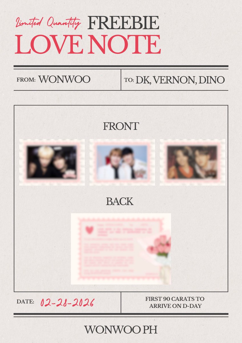 As how Wonwoo supports his brothers,
Wonwoo PH will be attending LOVE NOTE to show love and support for DK, Vernon, and Dino.

Wonwoo PH will be present on D-Day, sharing limited quantity freebies with fellow CARATs and spreading warmth, support, and fandom unity—just like Wonwoo
