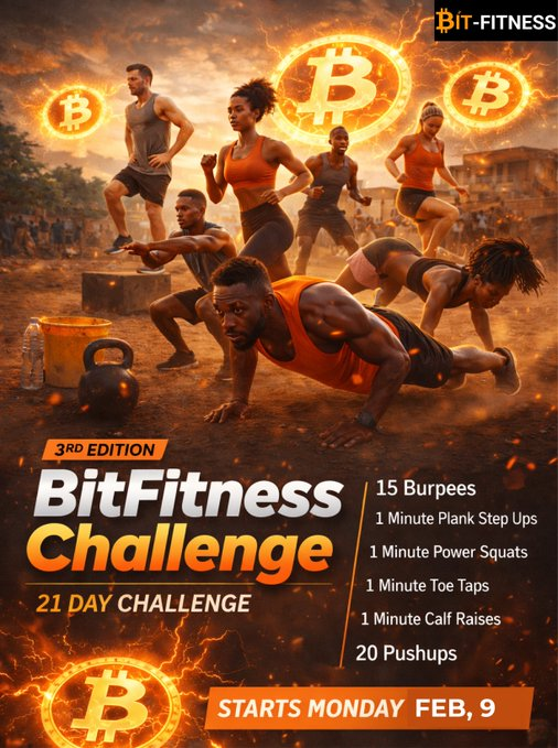 BitFitness21M's tweet photo. 1/ 🔔 The 21-DAY BITFITNESS CHALLENGE is ON!

We’ve officially kicked off today, Monday, February 9 – 3rd Edition! 💪

No excuses. No shortcuts. Just showing up, putting in the work, and staying consistent.

Ready to get FIT and earn sats? Let’s go! (A thread) 🧵👇 https://t.co/t756KrtiOe