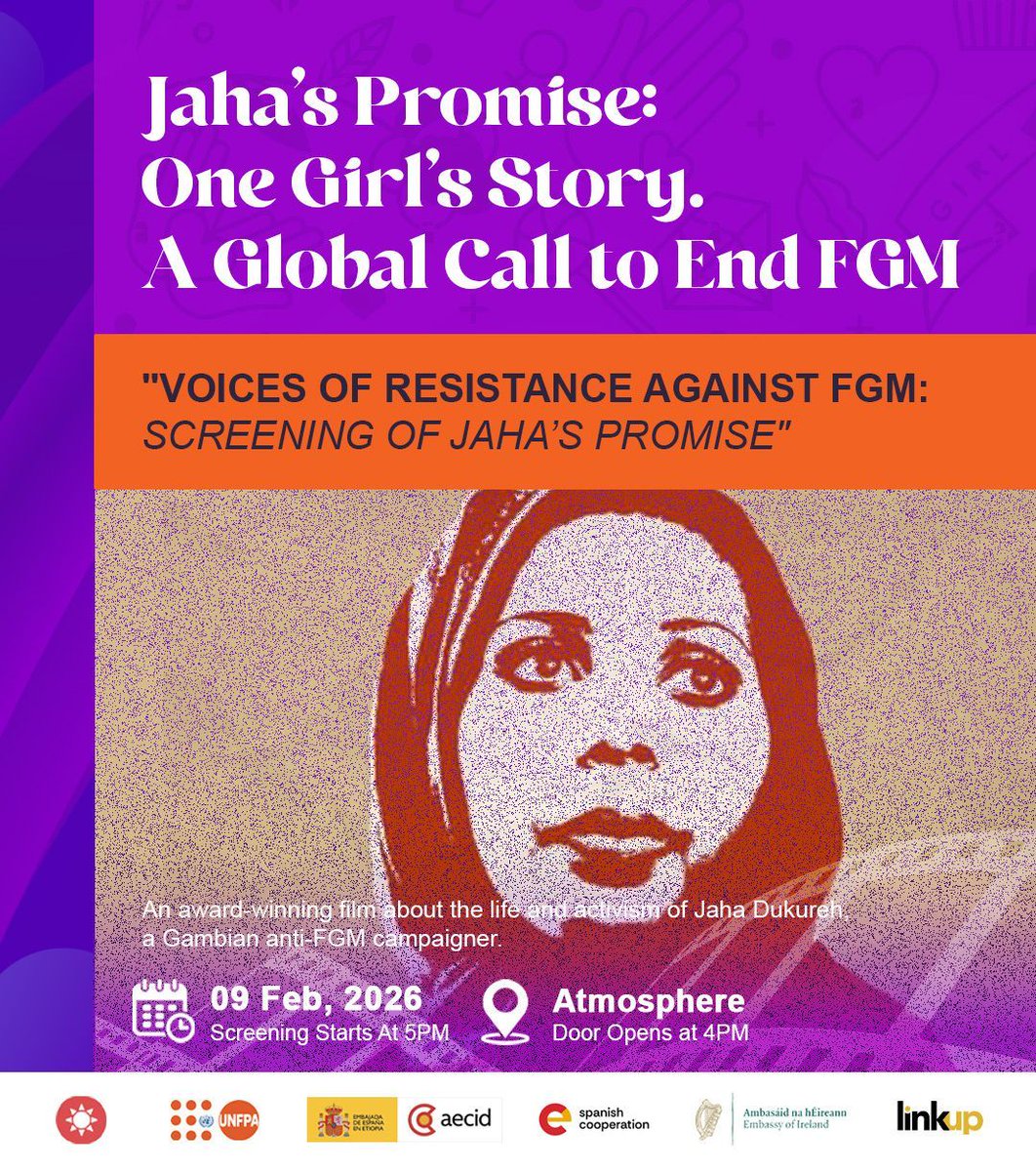 UNFPAEthiopia's tweet image. Join us tonight for a special screening of Jaha’s Promise, the award-winning story of Jaha’s promise &amp;amp; the global fight to #endFGM.

📍 Atmosphere
🕓 Doors: 4PM | Screening: 5PM
Stay after the screening for a panel discussion. Don’t miss it!