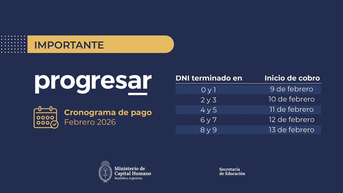 El cronograma de pago Progresar de este mes comienza el lunes 9 de febrero.
Cada beneficiario percibirá su beca según la terminación de su DNI.  

Para más información, ingresá en argentina.gob.ar/educacion/prog…

<a href="/JMilei/">Javier Milei</a>