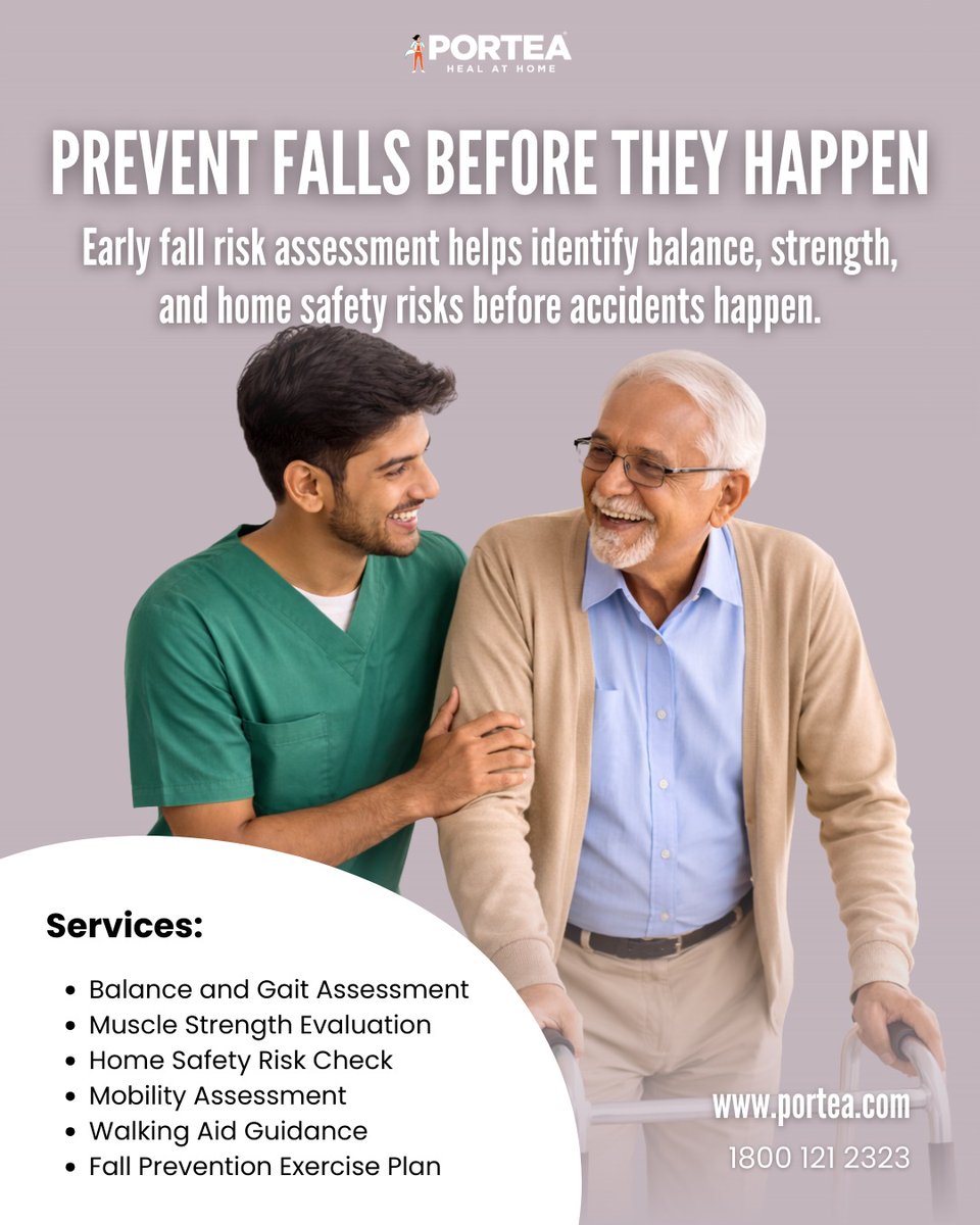 PorteaMedical's tweet photo. Falls are common but preventable. Early fall risk assessments help elders stay safe, independent, and confident at home. Portea offers expert fall prevention support.

📞 1800 121 2323 | https://t.co/CJ01dTg2NP

#FallPrevention #ElderCare #Portea https://t.co/jrT3FuN0Mk