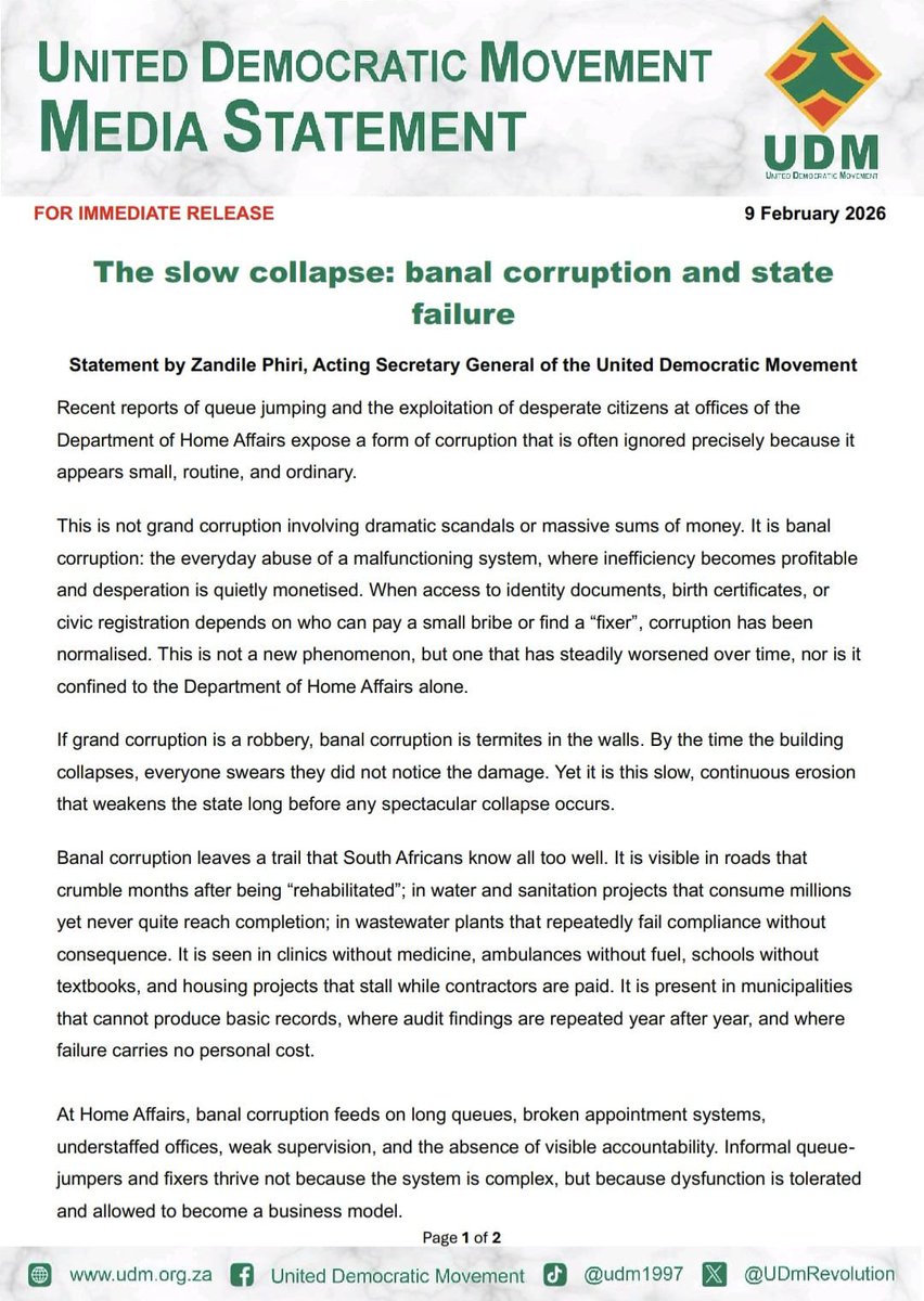 UDmRevolution's tweet image. If grand corruption is a robbery, banal corruption is termites in the walls. Queue jumping, broken services, unfinished projects. By the time the state collapses, everyone claims they didn’t see the damage. #BanalCorruption #StateFailure #VoteUDM2026