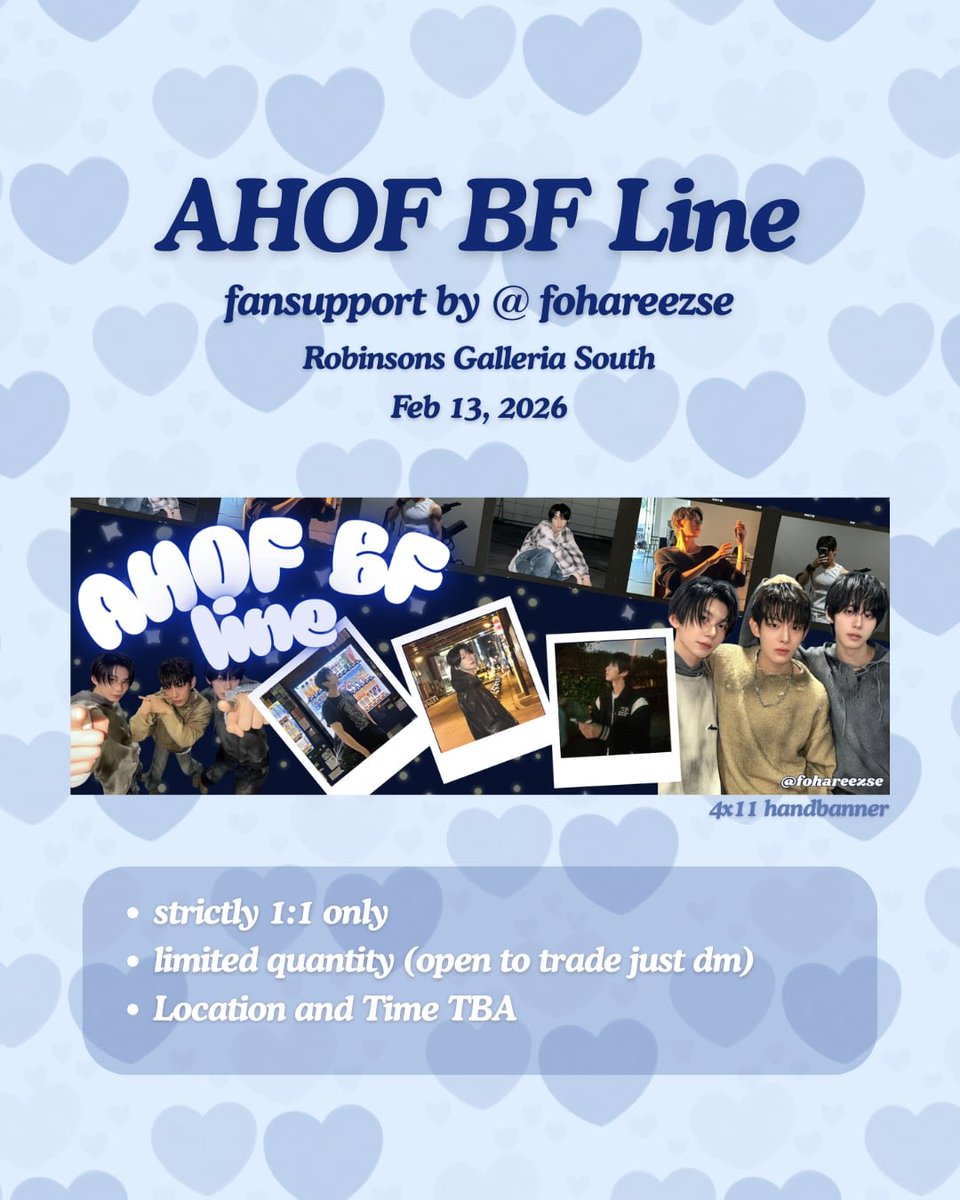 fohareezse's tweet photo. AHOF BF/Ahjussi Line Freebies | RMusic Fest at Robinsons Galleria South 

♡ 4x11 handbanners by @fohareezse
♡ strictly 1:1 (open to trade)
♡ mbf, like, &amp; rt 
♡ limited qty
♡ Feb 13 (loc &amp; time tba) 

support pls its my first ahof event
feel free to comment facts abt ahof
>.< https://t.co/oUhBWDGIKN