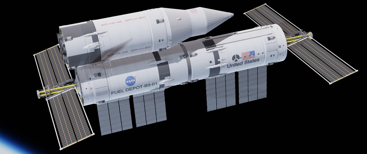 Saturn V tanker refuelling a fuel depot in Low Earth Orbit.