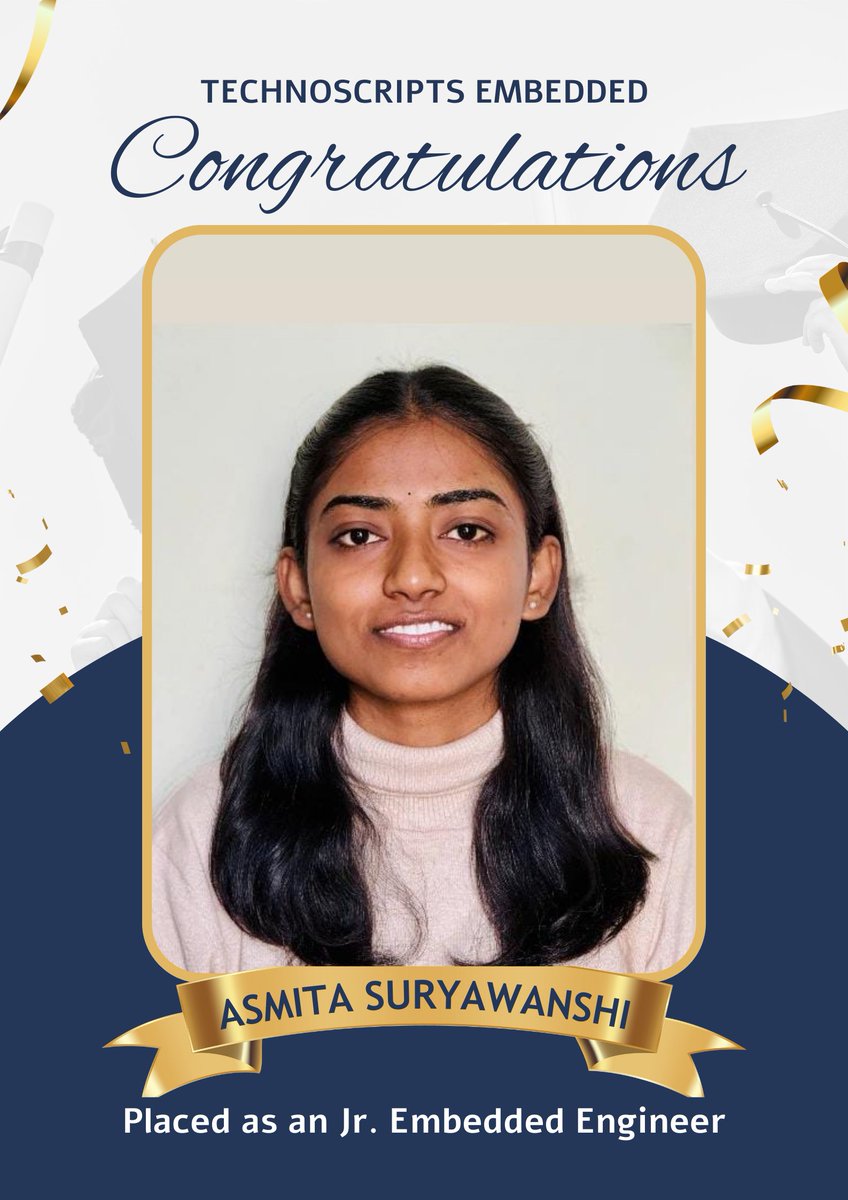 TechnoScript's tweet photo. Congratulations Asmita Suryawanshi on getting placed as an Jr. embedded Engineer. https://t.co/vUpr2D5I3i