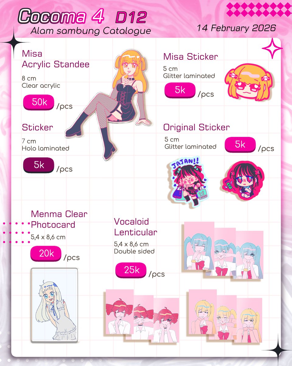 twosdie's tweet photo. [💜&amp;🔁Appreciated!]

My mine OTS #COCOMA4 catalogue gwej

💫Fandom: Gekkan Shoujo Nozaki-kun, Uma Musume, Vocaloid, Frieren, Death Note, Angel Beats!, Anohana, Tamako Market, Oyasumi Punpun, Original
📍Booth Alam Sambung (D12)
🗓️ Saturday, 14 Feb 2026 
#COCOMA #cocoma4catalogue https://t.co/aEYxSd182n