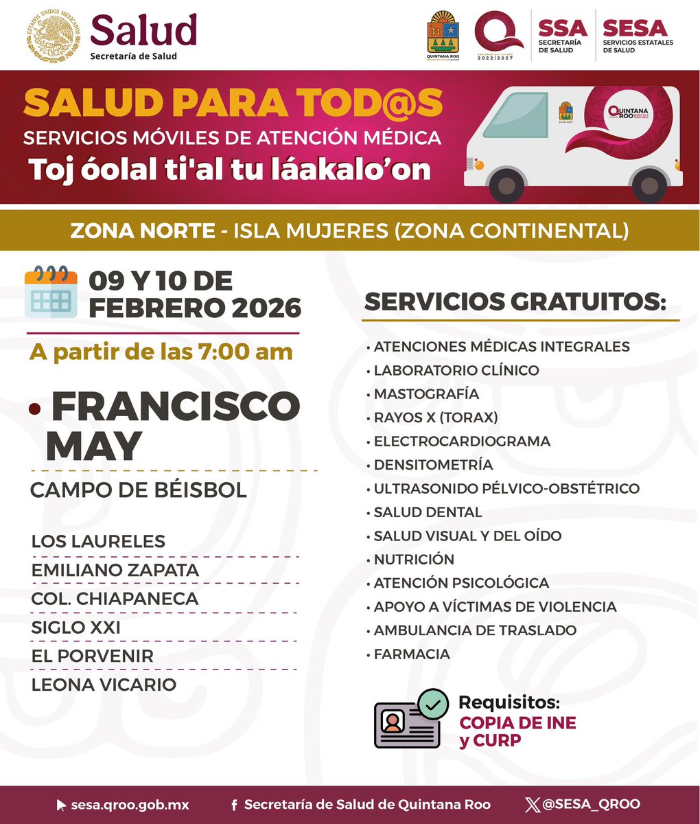 🚑 Amig@s, del 9 al 13 de febrero, las caravanas móviles de Salud para Tod@s estarán en:

📍Chetumal 
📍Francisco May 
📍José María Pino Suárez
📍 La Victoria 

Todos los servicios son completamente gratuitos y habrá consultas médicas 👩🏽‍⚕️, medicamentos💊 , análisis clínicos,