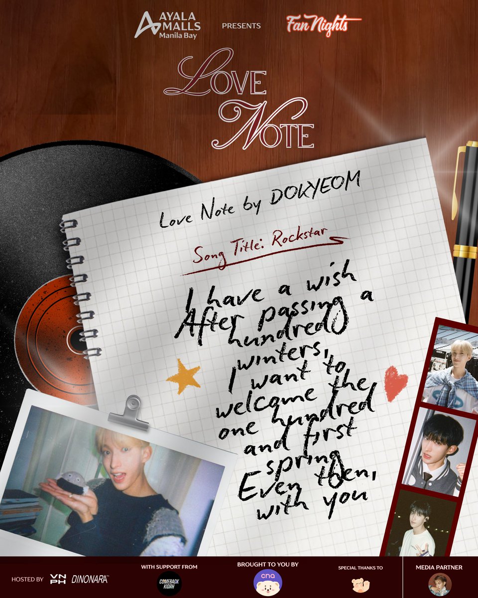 vernonlineph_'s tweet photo. 𝘾𝙤𝙢𝙥𝙤𝙨𝙞𝙩𝙞𝙤𝙣 𝙉𝙤. 004
💌 𝙊𝙉𝙀 (1) 𝙇𝙊𝙑𝙀 𝙉𝙊𝙏𝙀 𝙁𝙍𝙊𝙈 𝘿𝙆!

💿 NOW PLAYING: Rockstar by DK 

🎶🎵🎼

What does it feel like being loved by a musician? 
Well.. you don’t just hear his songs, you live in them.

Every note carries your name in a language only he knows, written in laughter, in pauses, in the way love finds its rhythm. You are not just someone he sings to, you are the reason the music exists at all. 💫
 The muse behind every LOVE NOTE, every word turned into a song. 🎶 

🗓 February 28, 2026 
🕑 02:00 PM onwards 
💰₱300 - Event Kit
📍 Sun Garden, 5th Floor, Ayala Malls Manila Bay

✍️ REGISTER RIGHT HERE: 
https://t.co/jNTpKcrTmt

🛒 ORDER A KIT RIGHT HERE: 
https://t.co/5R5GzEW3kn

BROUGHT TO YOU BY @cnaphils

HOSTED BY: @vernonlineph_ & @dinonaraph

#LoveNoteFromDKVernonDino
#AtTheBay 
#FanNightsAtAMManilaBay
#DK #VERNON #DINO