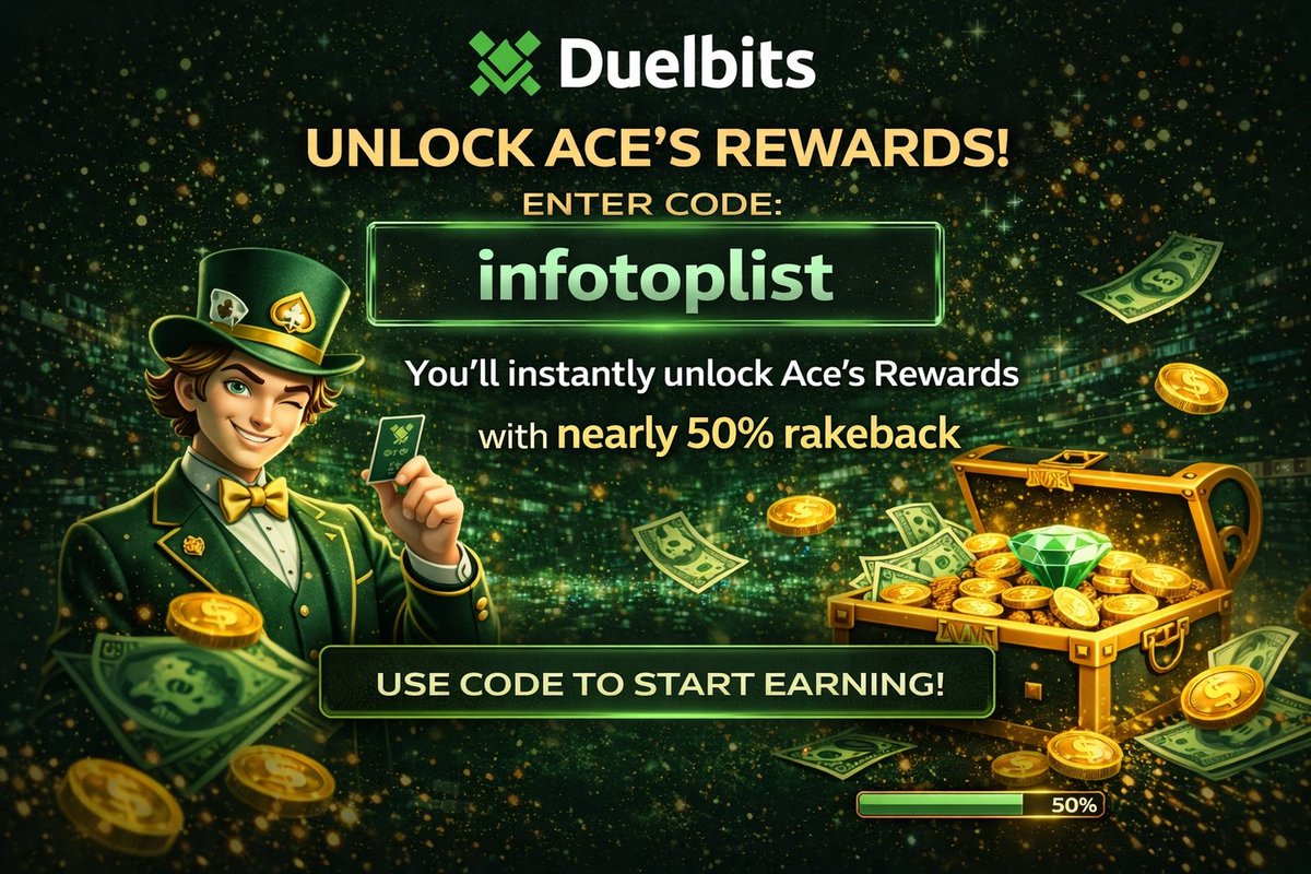 Duelbits_codes's tweet photo. How to activate rewards on Duelbits in 2026? 🎲

Sign up, head to the promo section, and enter code infotoplist 🎁

You’ll instantly unlock Ace’s Rewards with nearly 50% rakeback 🔁💰

More play. Bigger returns. Rewards start right away 🚀 https://t.co/F39Zi9FvJo