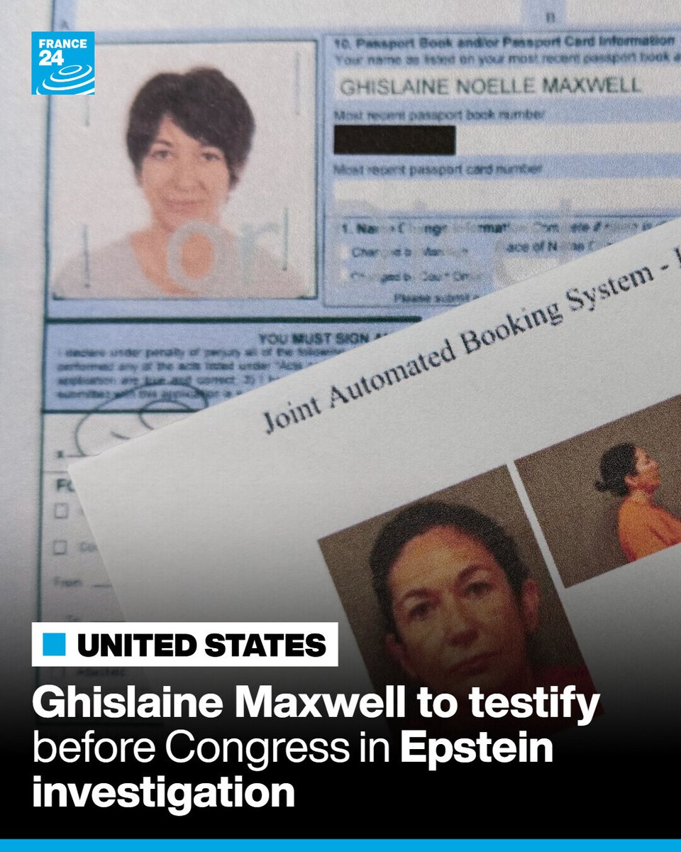 France24_en's tweet image. 🇺🇸 ⚖️ Ghislaine #Maxwell, the jailed associate of convicted sex offender Jeffrey #Epstein, is due to testify on Monday before US Congress.

Maxwell is currently serving 20 years in #prison for trafficking girls to the disgraced financier.

Read more ➡️ go.france24.com/MRj